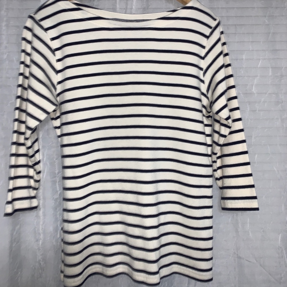 LL Bean Women's M 3/4 Sleeve White/Blue Wide Neck